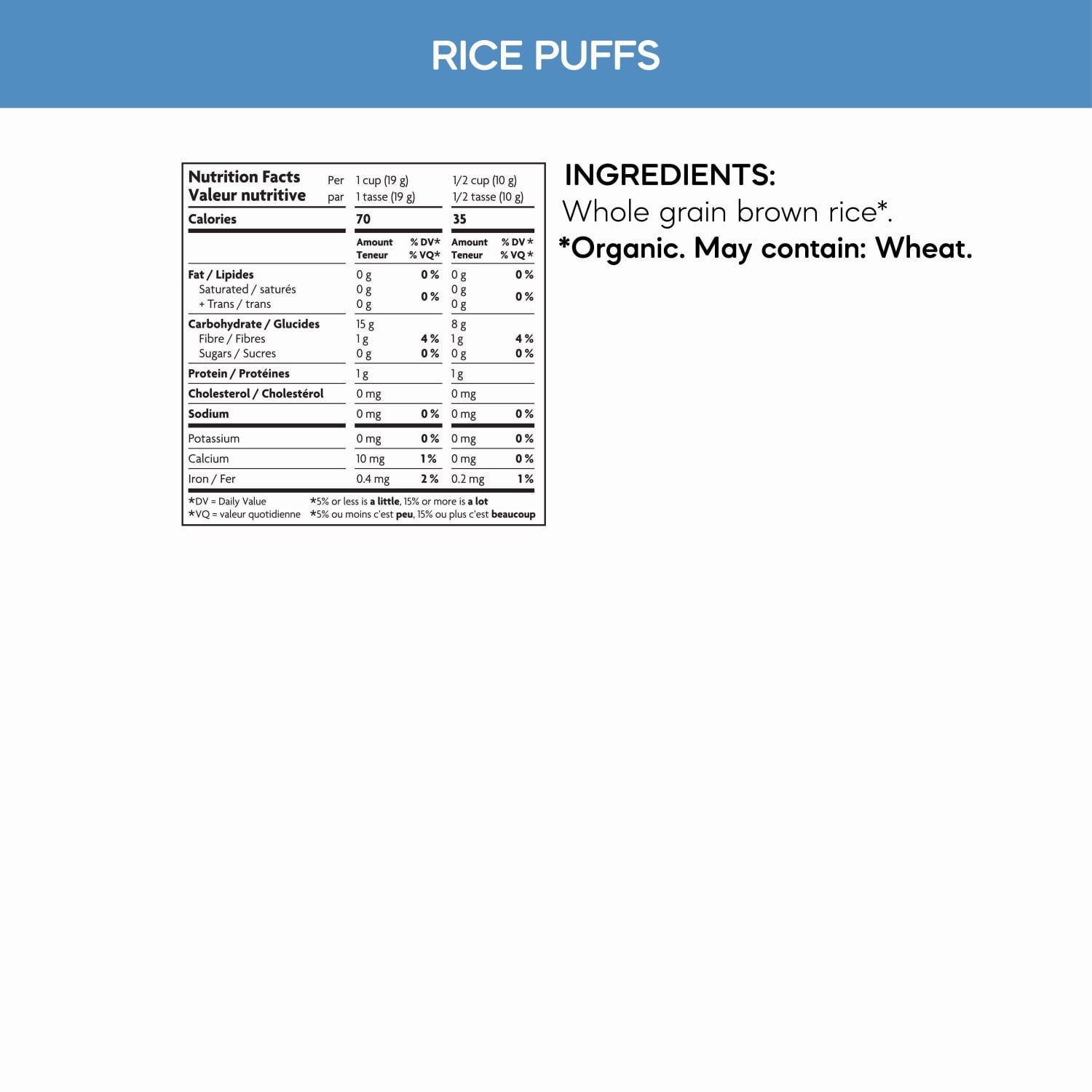 Nutrition facts per serving and ingredient statement for Rice Puffs Cereal