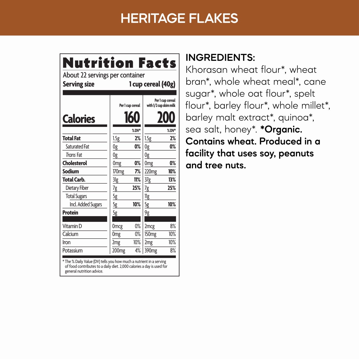 Nutrition facts per serving and ingredient statement for Heritage Flakes® Cereal