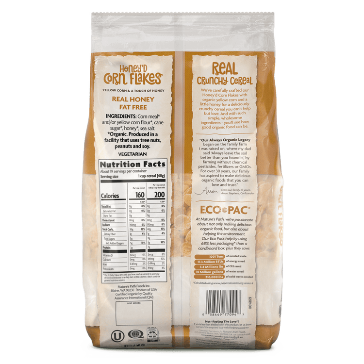 Honey'D Corn Flakes Cereal, 26.4 oz Earth Friendly Bag