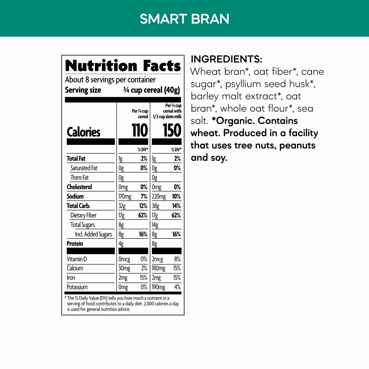 Nutrition facts per serving and ingredient statement for Smart Bran Cereal