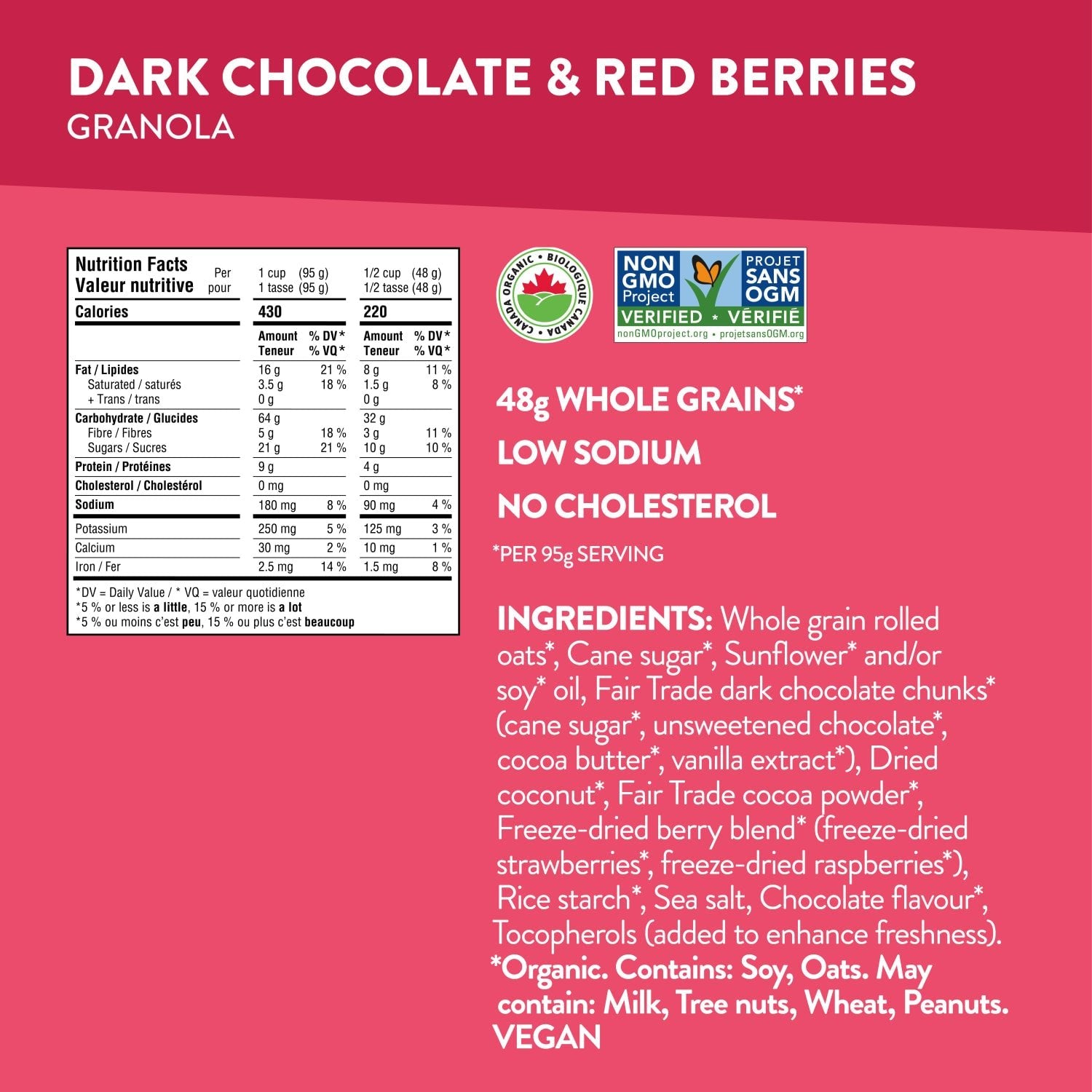 Nutrition facts per serving and ingredient statement for Dark Chocolate & Red Berries Granola