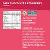 Nutrition facts per serving and ingredient statement for Dark Chocolate & Red Berries Granola