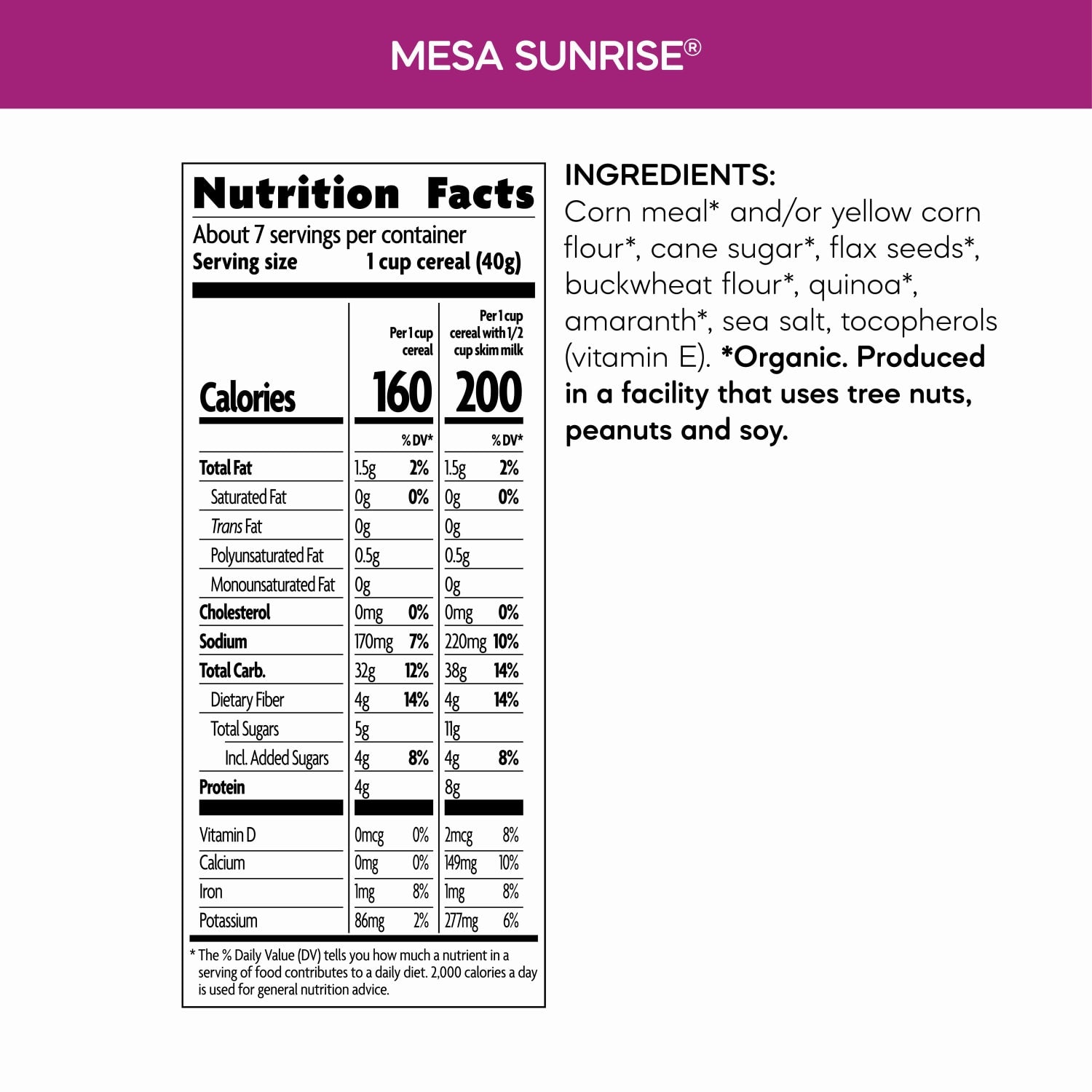 Nutrition facts per serving and ingredient statement for Mesa Sunrise Cereal