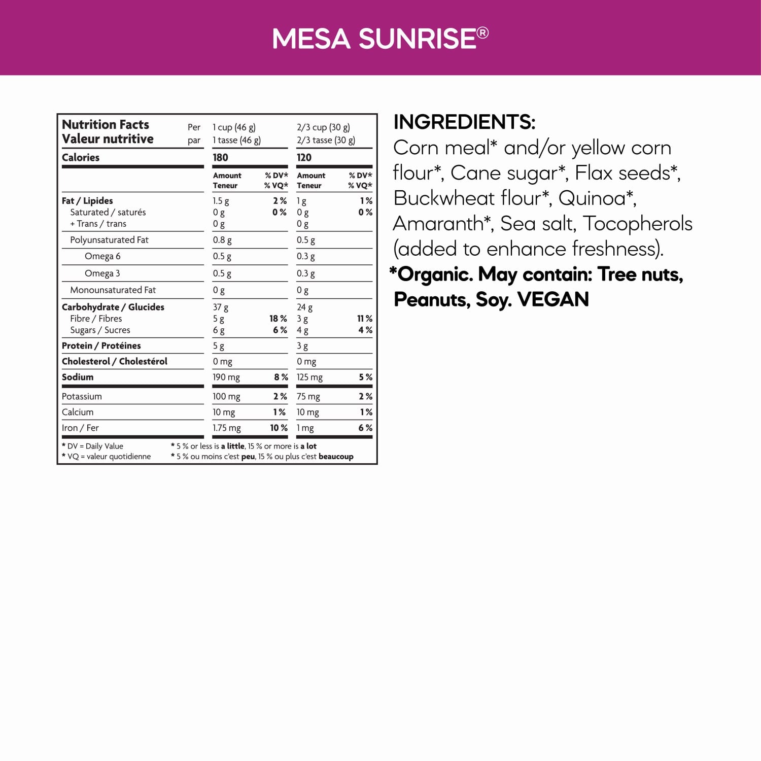 Nutrition facts per serving and ingredient statement for Mesa Sunrise Cereal