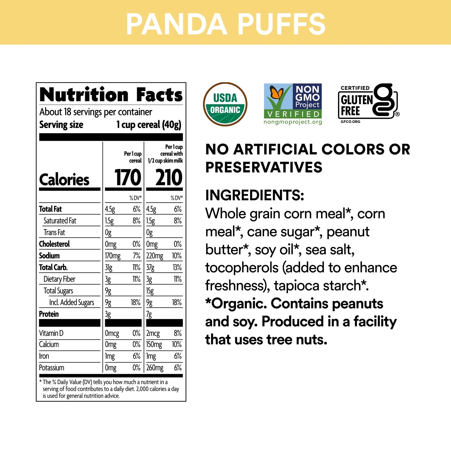 Nutrition facts per serving and ingredient statement for Peanut Butter Panda Puffs Cereal