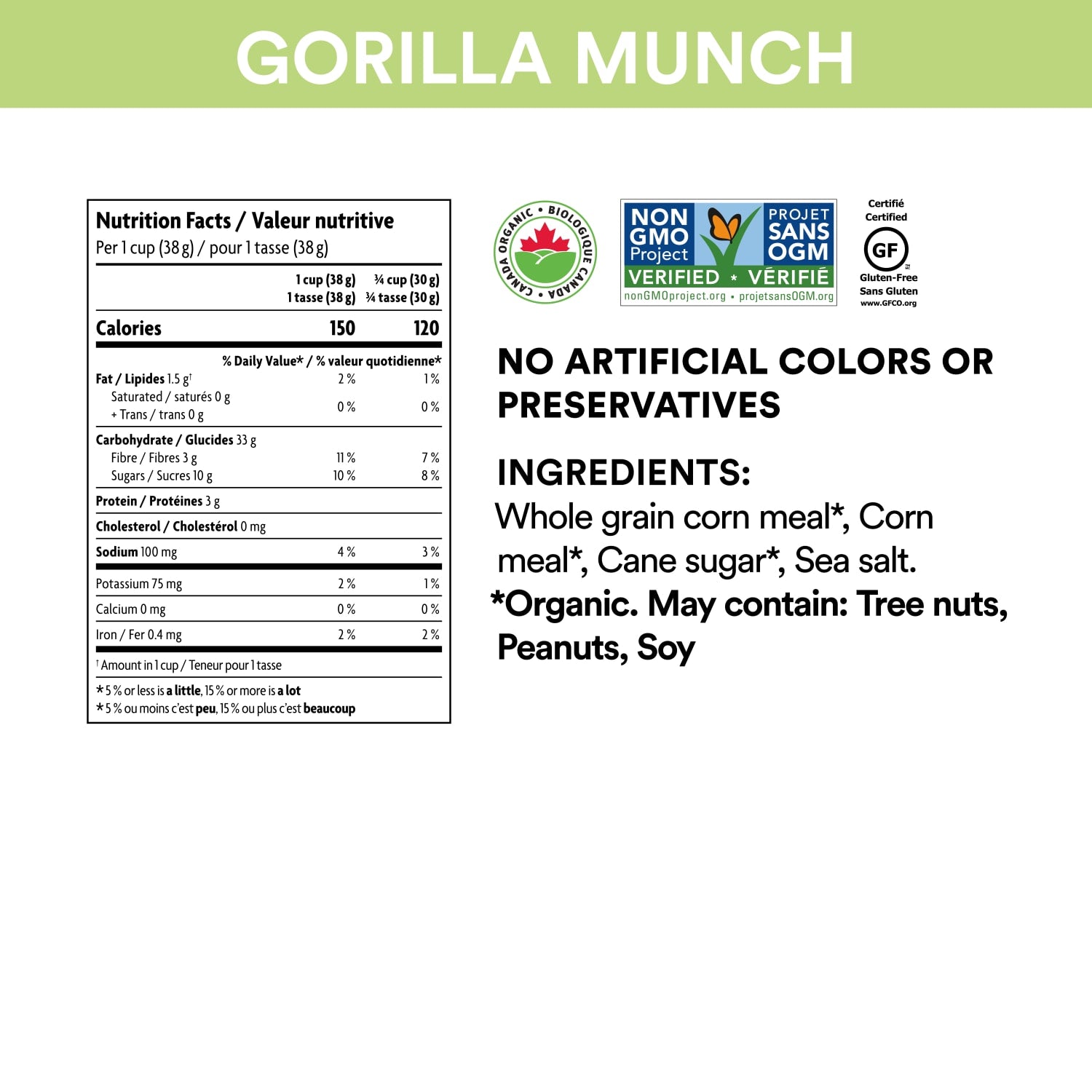 Nutrition facts per serving and ingredient statement for Corn Puffs Gorilla Munch Cereal