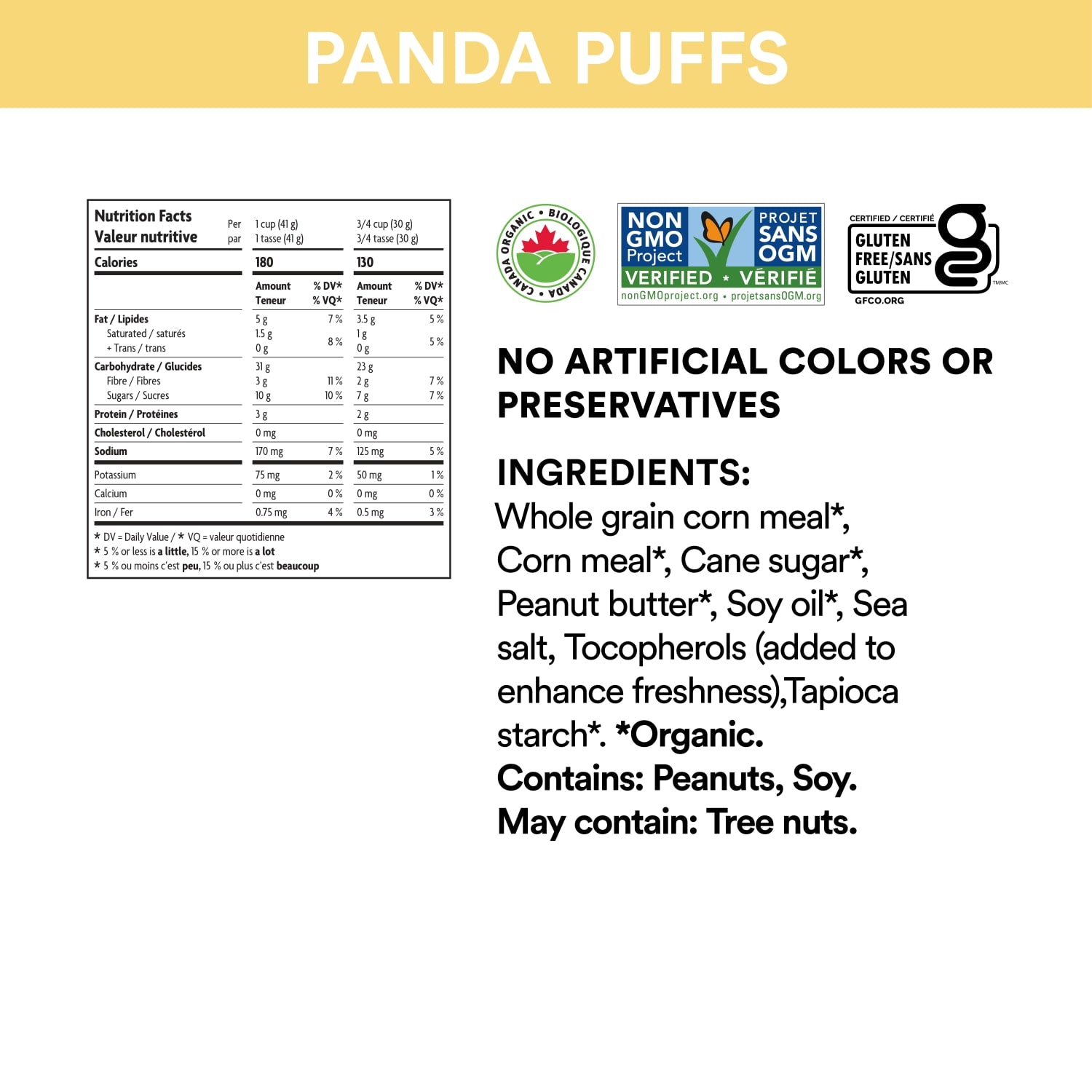 Nutrition facts per serving and ingredient statement for Peanut Butter Panda Puffs Cereal