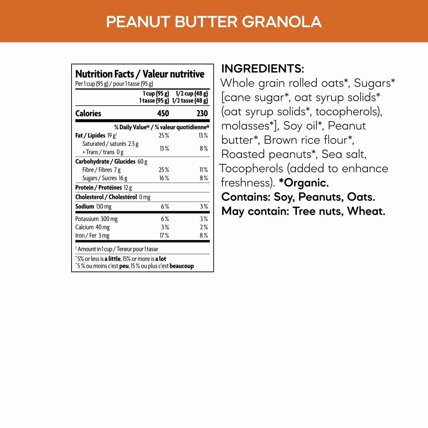 Nutrition facts per serving and ingredient statement for Peanut Butter Granola