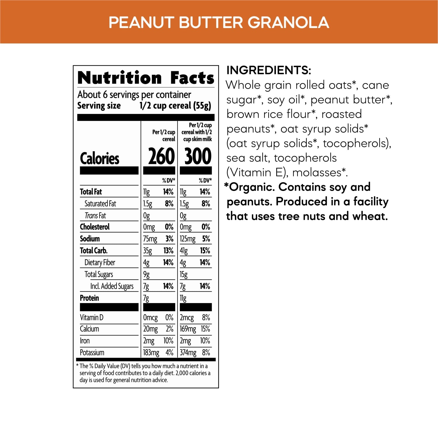 Nutrition facts per serving and ingredient statement for Peanut Butter Granola