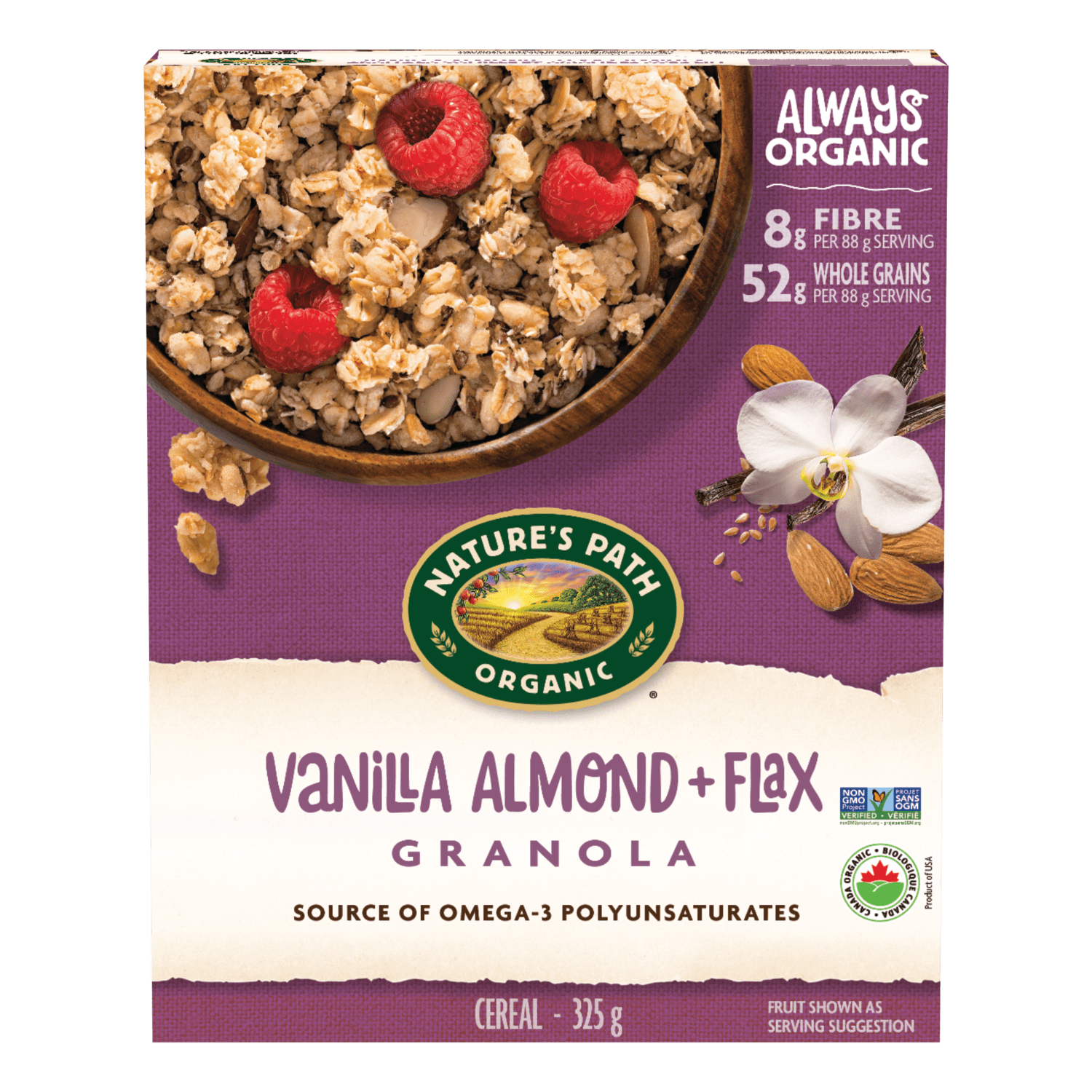 Amande vanille + granola de lin, 325 g Boîte