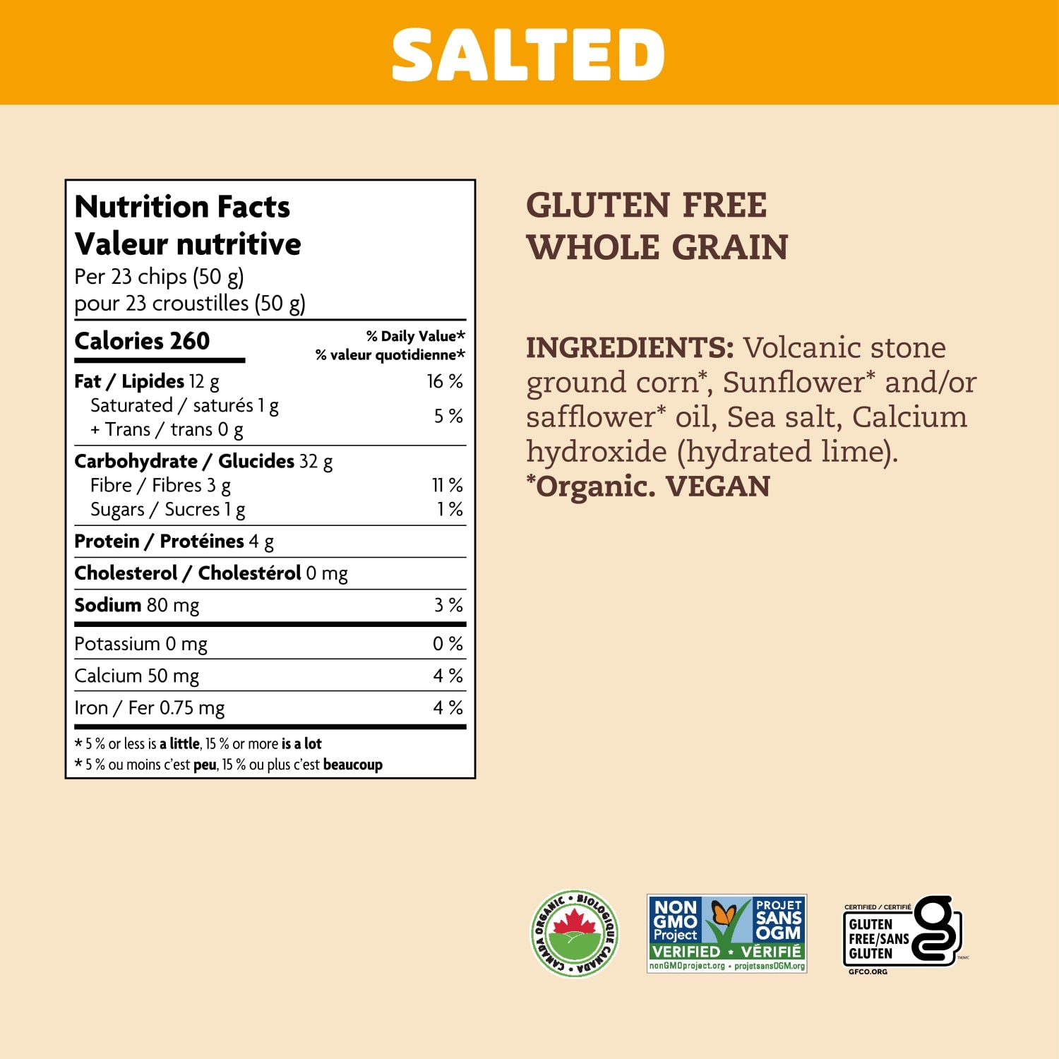 Nutrition facts per serving and ingredient statement for Salted Tortilla Chips