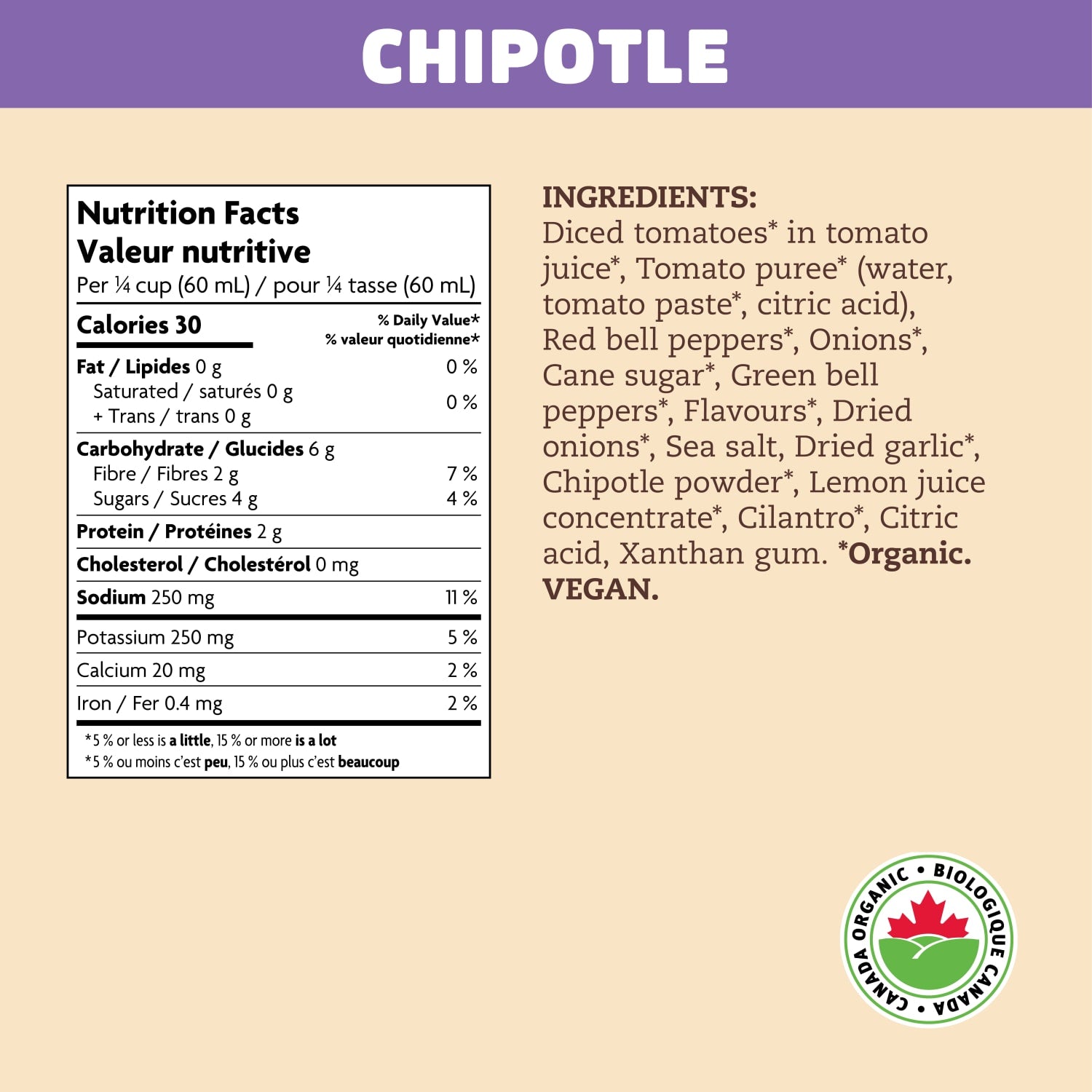 Nutrition facts per serving and ingredient statement for Chipotle Medium Salsa