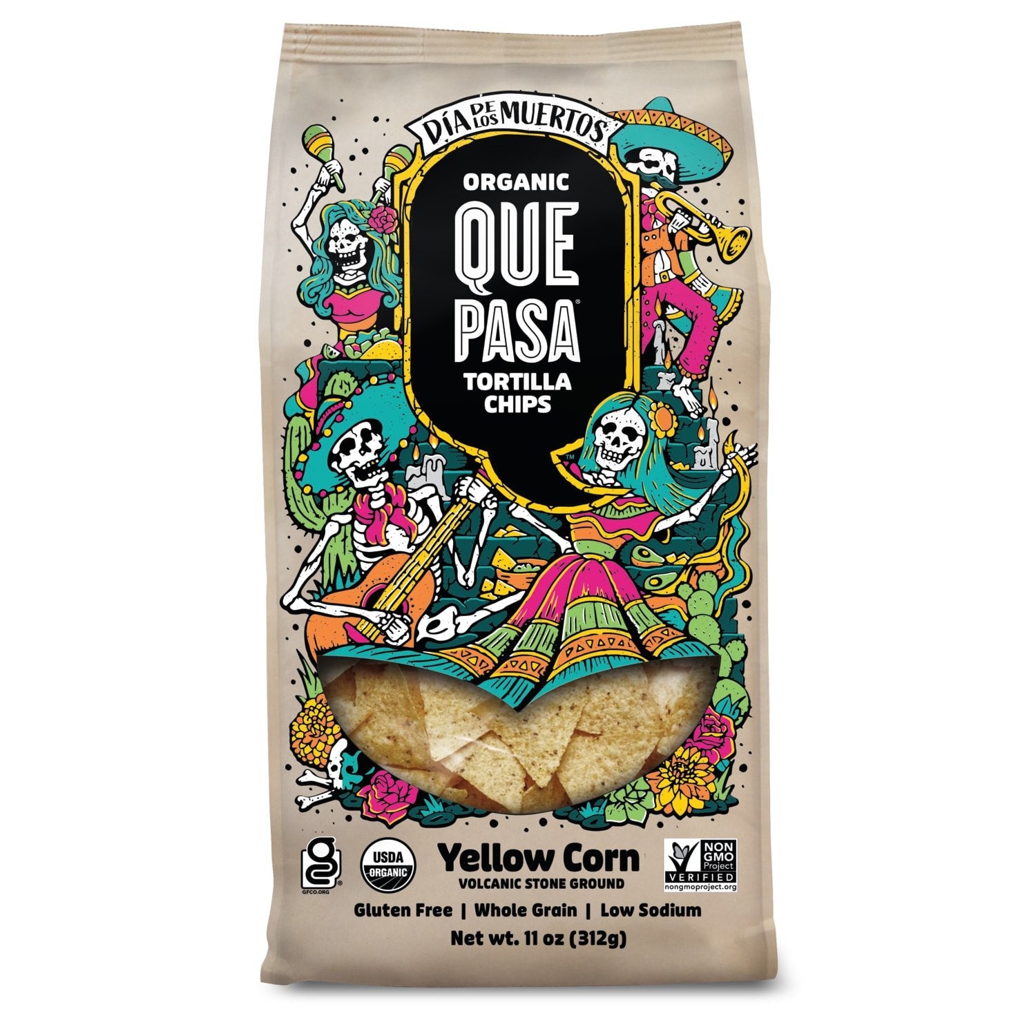 Que Pasa Organic Day of the Dead Tortilla Chips 11oz Bag