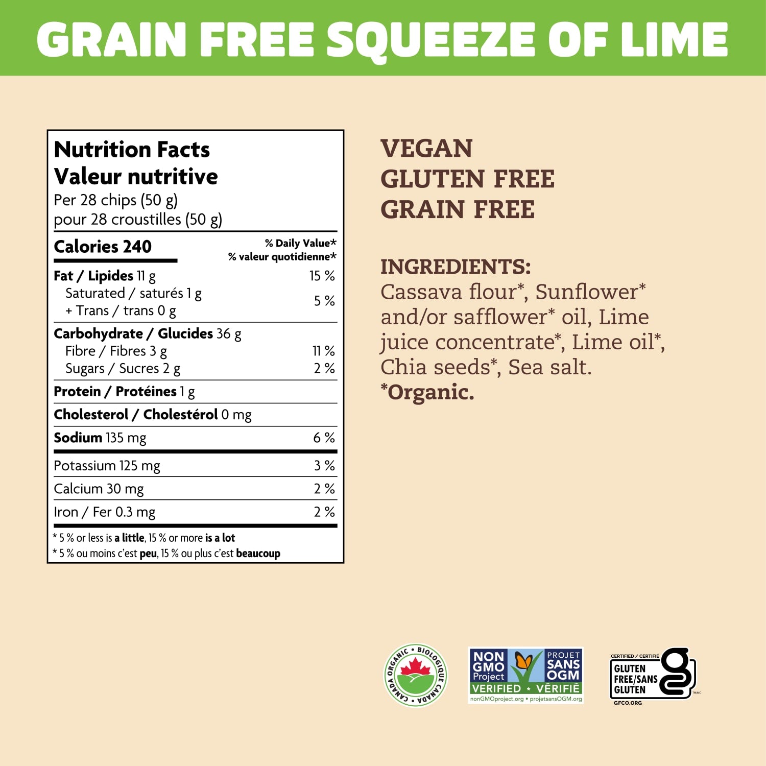 Nutrition facts per serving and ingredient statement for Grain Free Squeeze of Lime Tortilla Chips