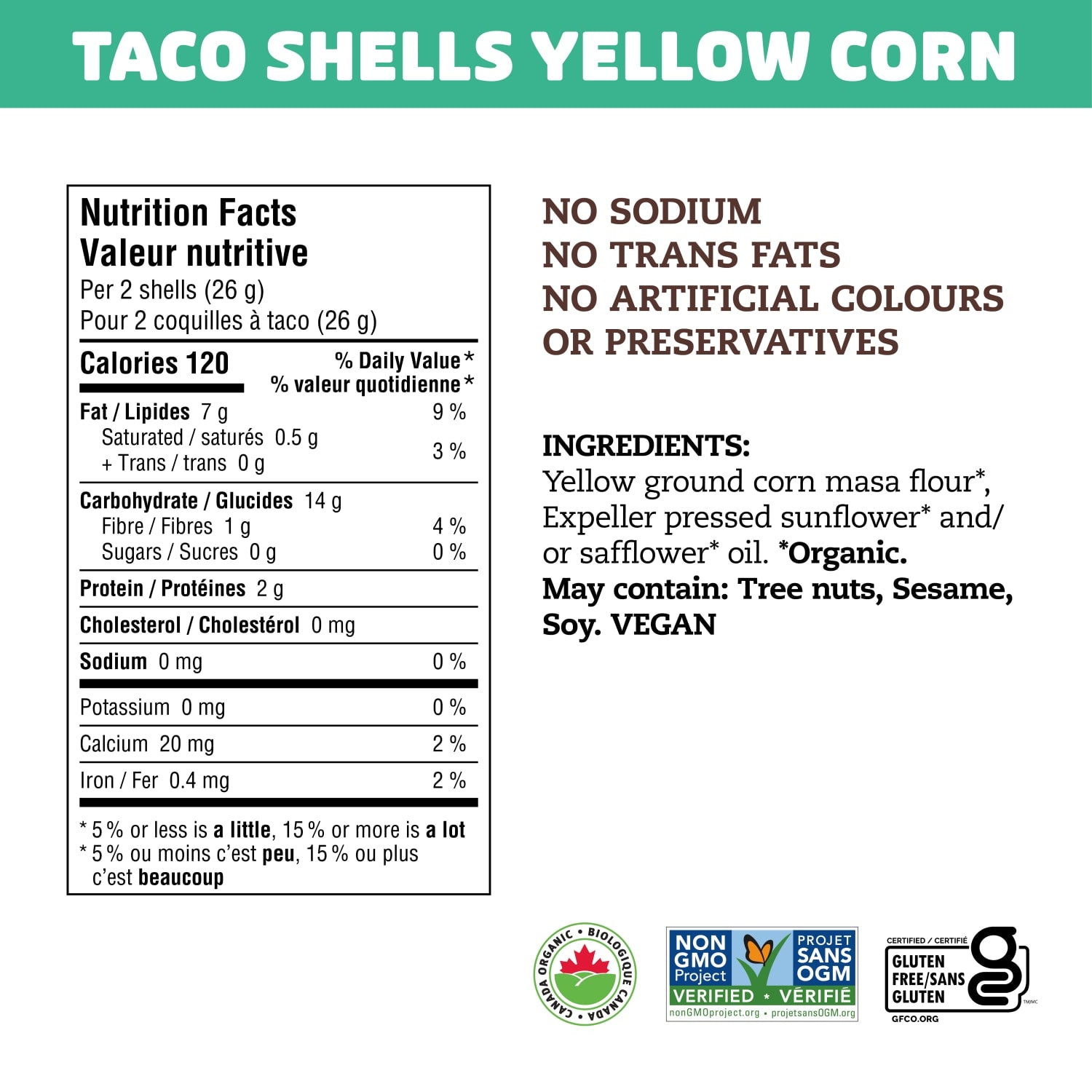 Nutrition facts per serving and ingredient statement for Yellow Corn Taco Shells