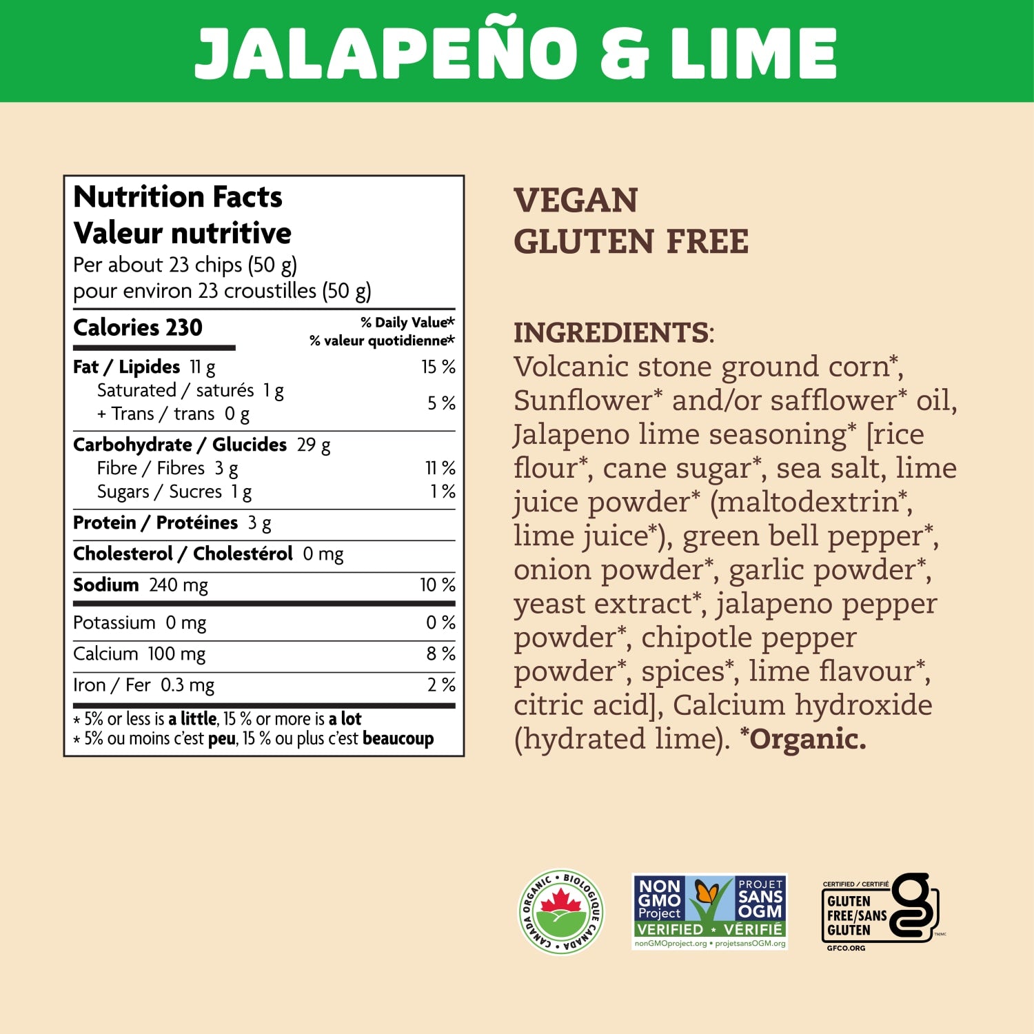 Nutrition facts per serving and ingredient statement for Jalapeno & Lime Tortilla Chips