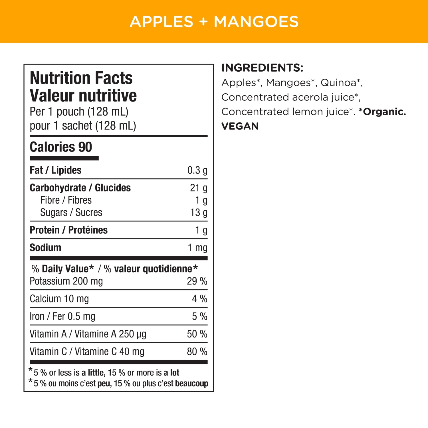 Nutrition facts per serving and ingredient statement for Superblends Apple + Mangoes Puree