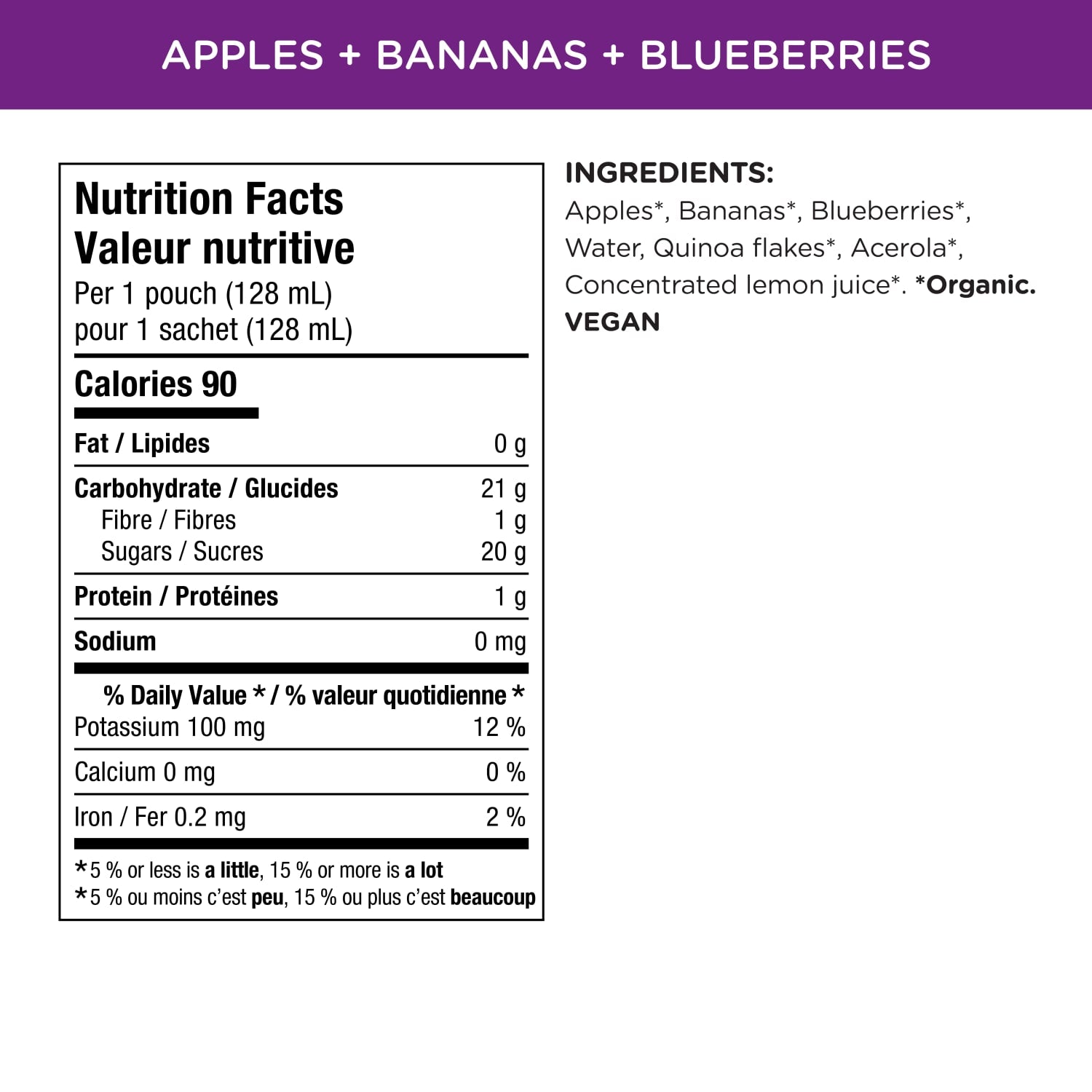 Nutrition facts per serving and ingredient statement for Superblends Apples, Bananas + Blueberries Puree