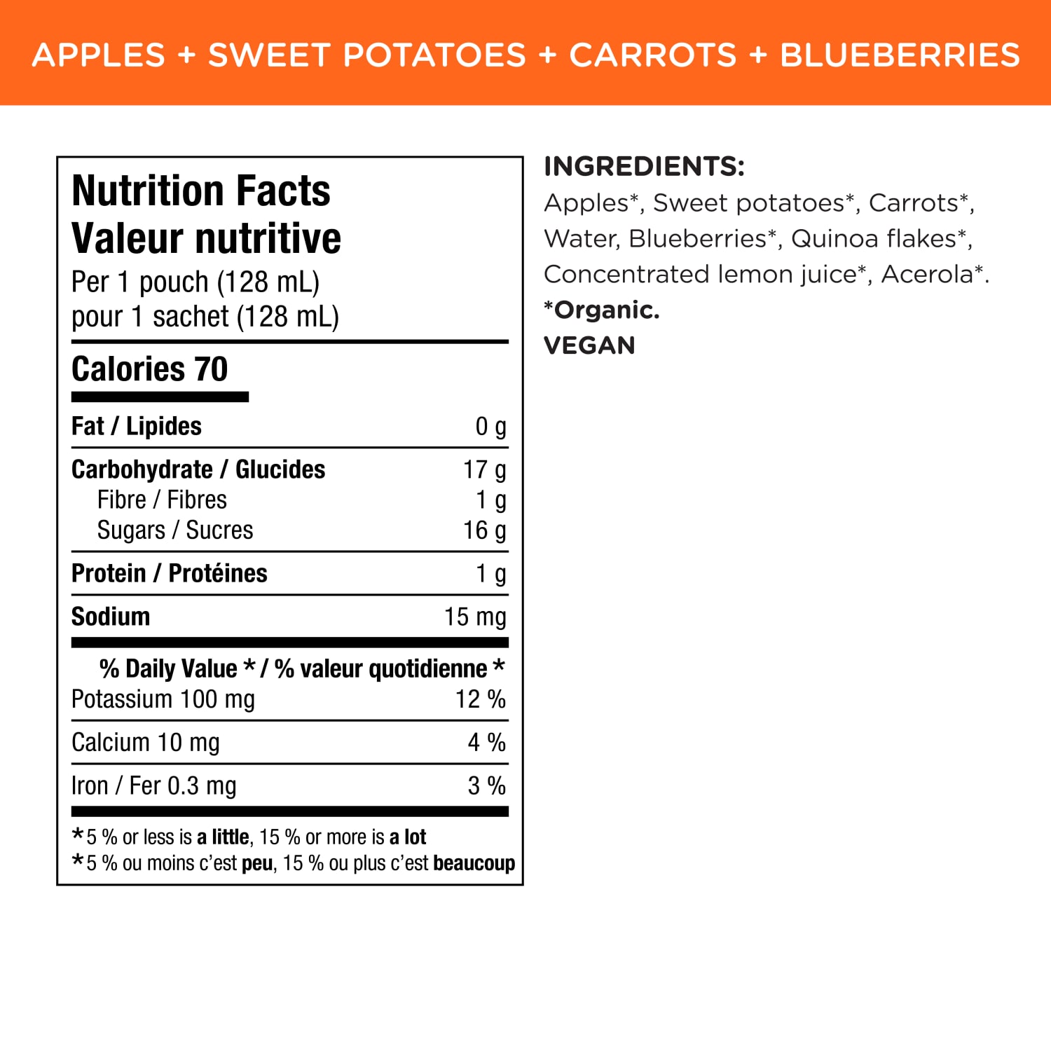 Nutrition facts per serving and ingredient statement for Superblends Apples, Sweet Potatoes, Carrots + Blueberries Puree