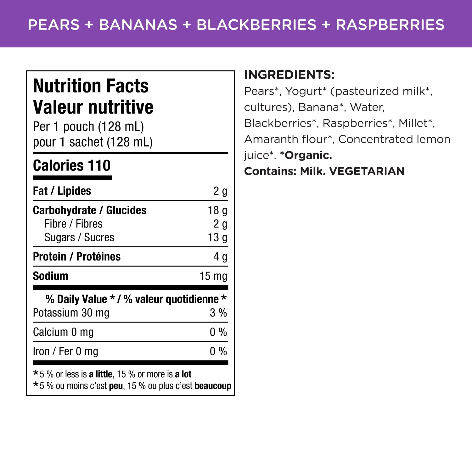 Nutrition facts per serving and ingredient statement for Power Yo'rridge Pears, Bananas, Blackberries + Raspberries Puree