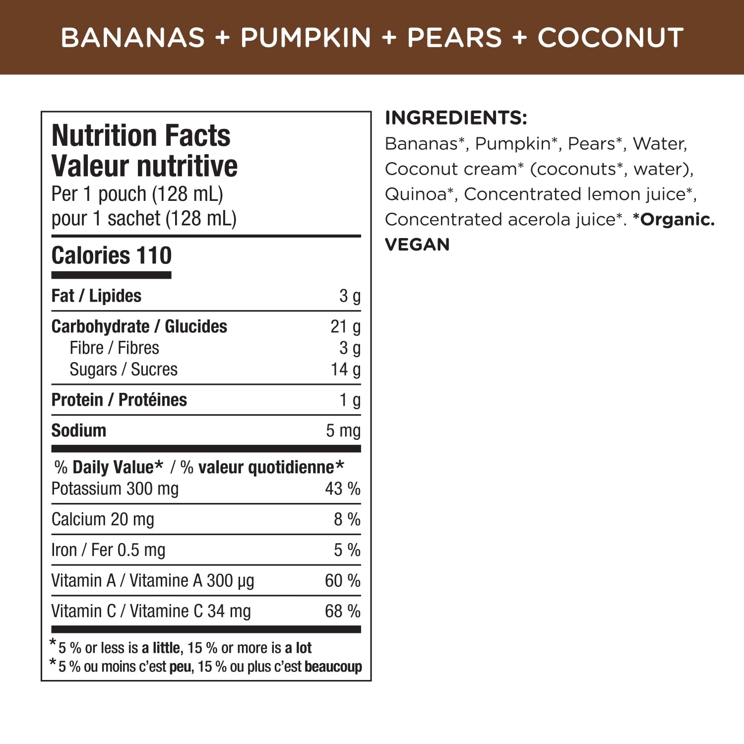 Nutrition facts per serving and ingredient statement for Superblends Bananas, Pumpkin, Pears + Coconut Puree