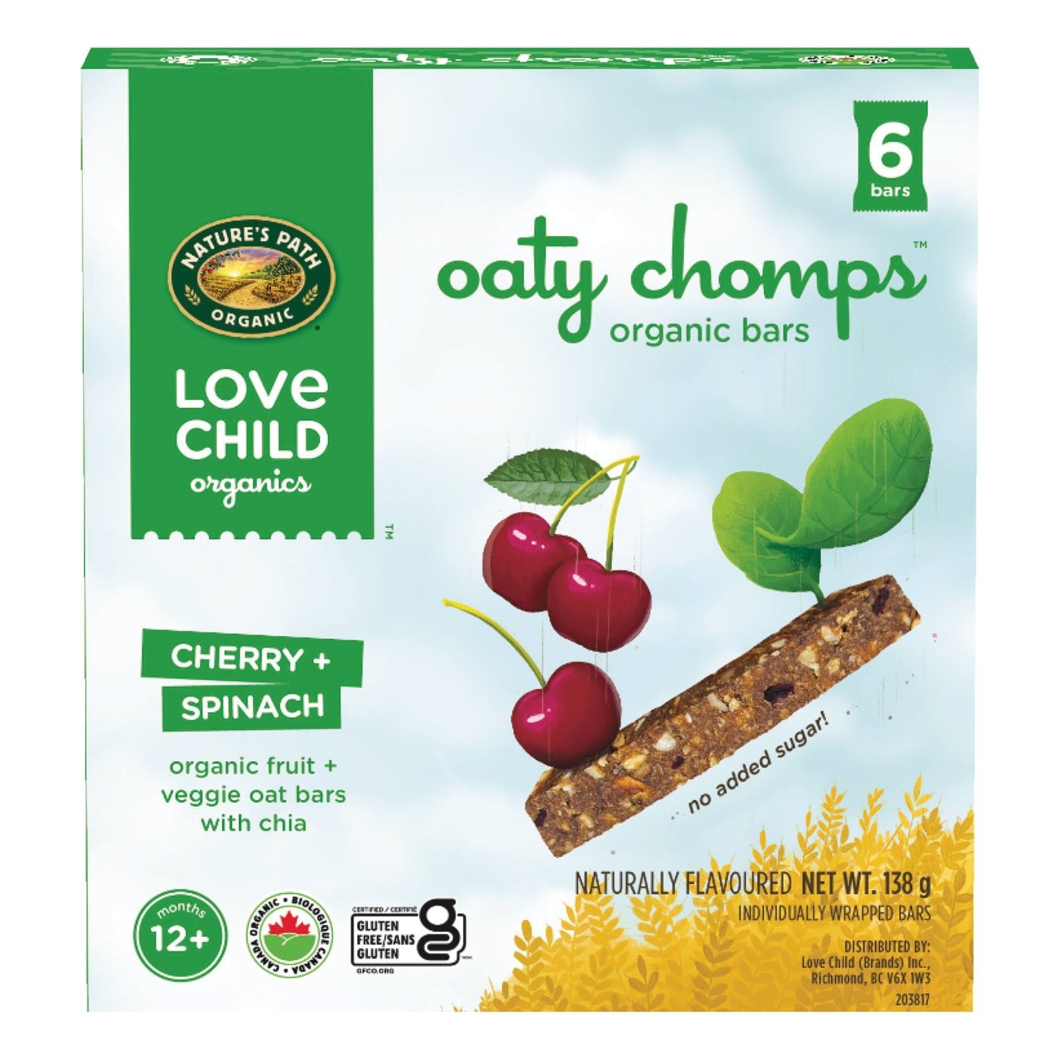 Love Child Organics Oaty Chomps Cherry + Spinach Snack Bar 138g Box