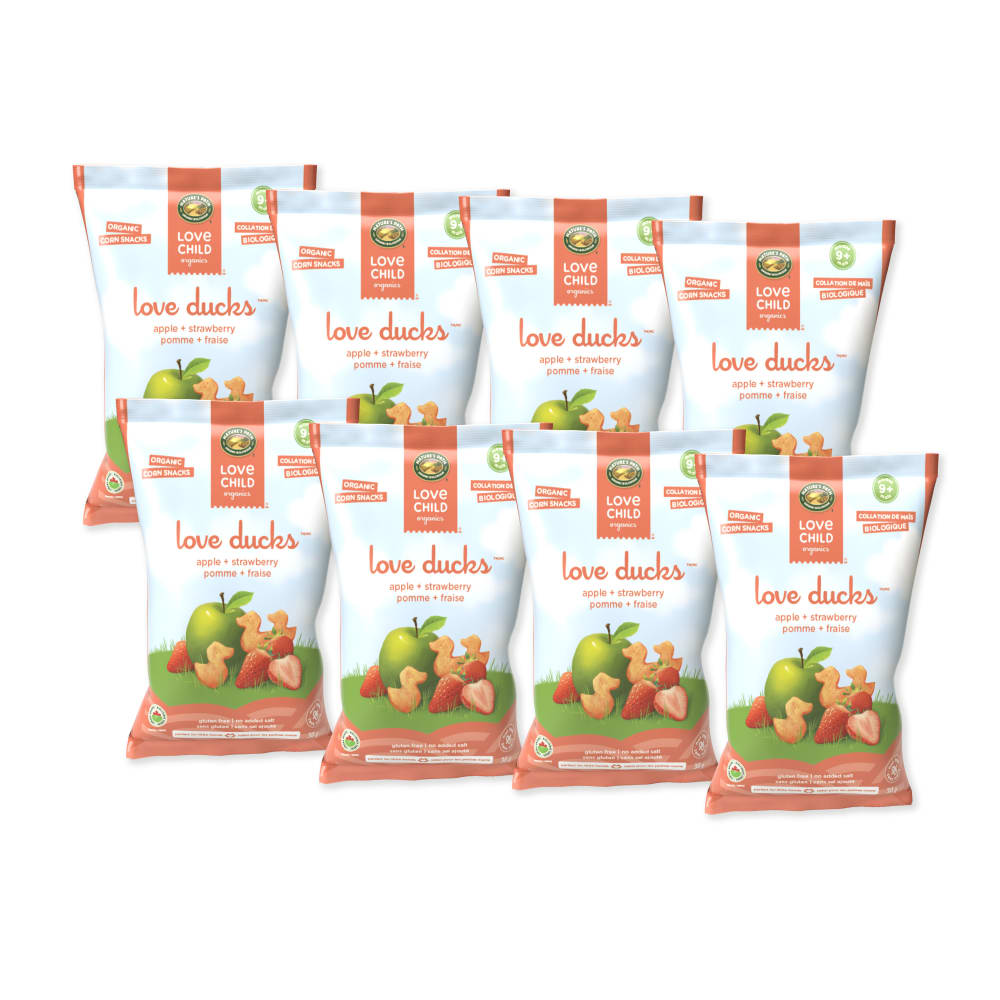 Pack of 8, Love Child Organics Love Ducks Apple + Strawberry Corn Snacks 30g Bag