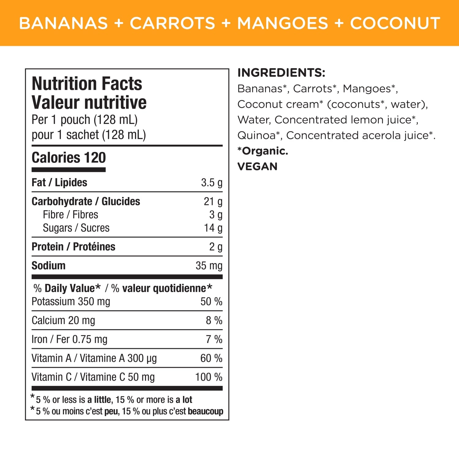 Nutrition facts per serving and ingredient statement for Superblends Bananas, Carrots, Mangoes + Coconut Puree