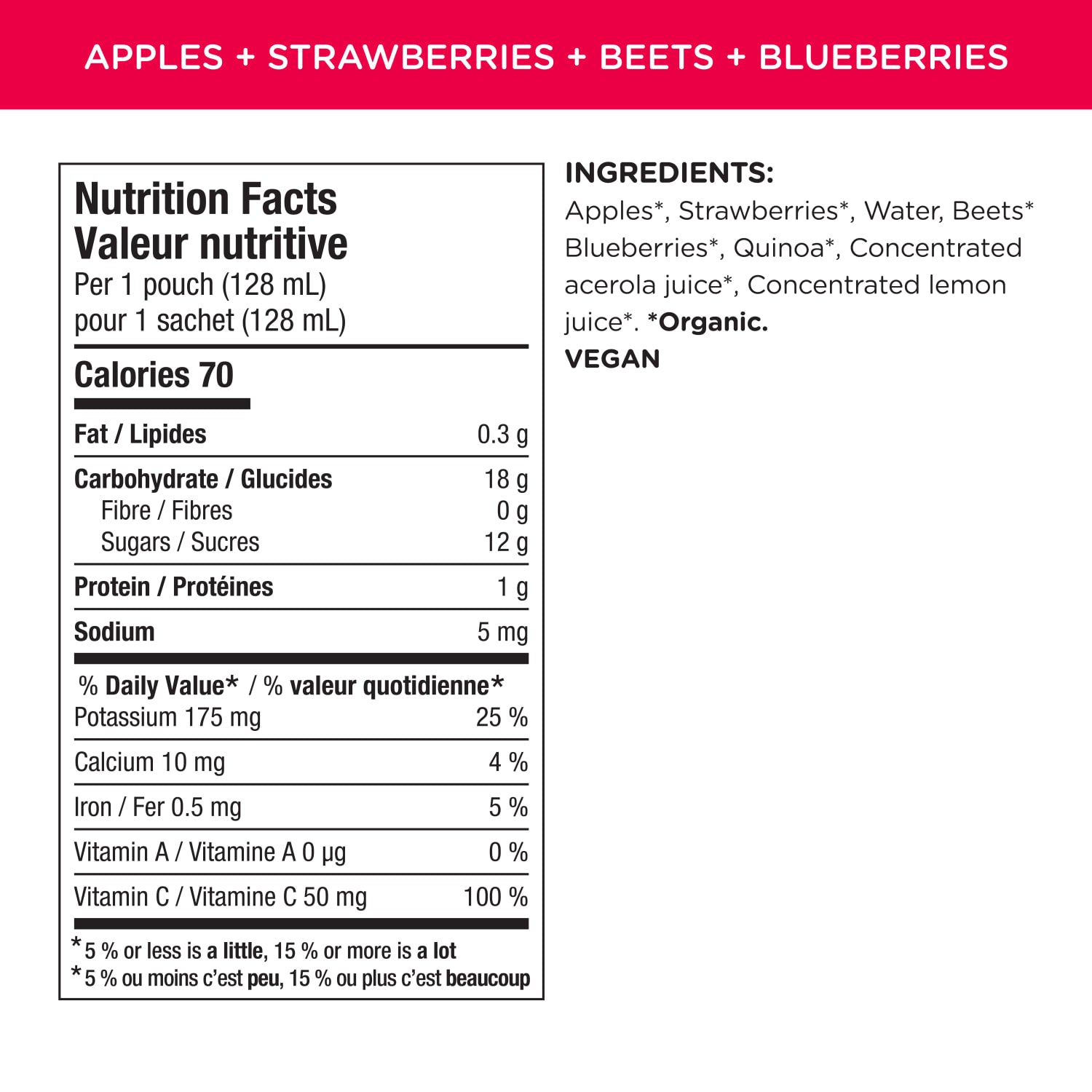 Nutrition facts per serving and ingredient statement for Superblends Apples, Strawberries, Beets + Blueberries Puree