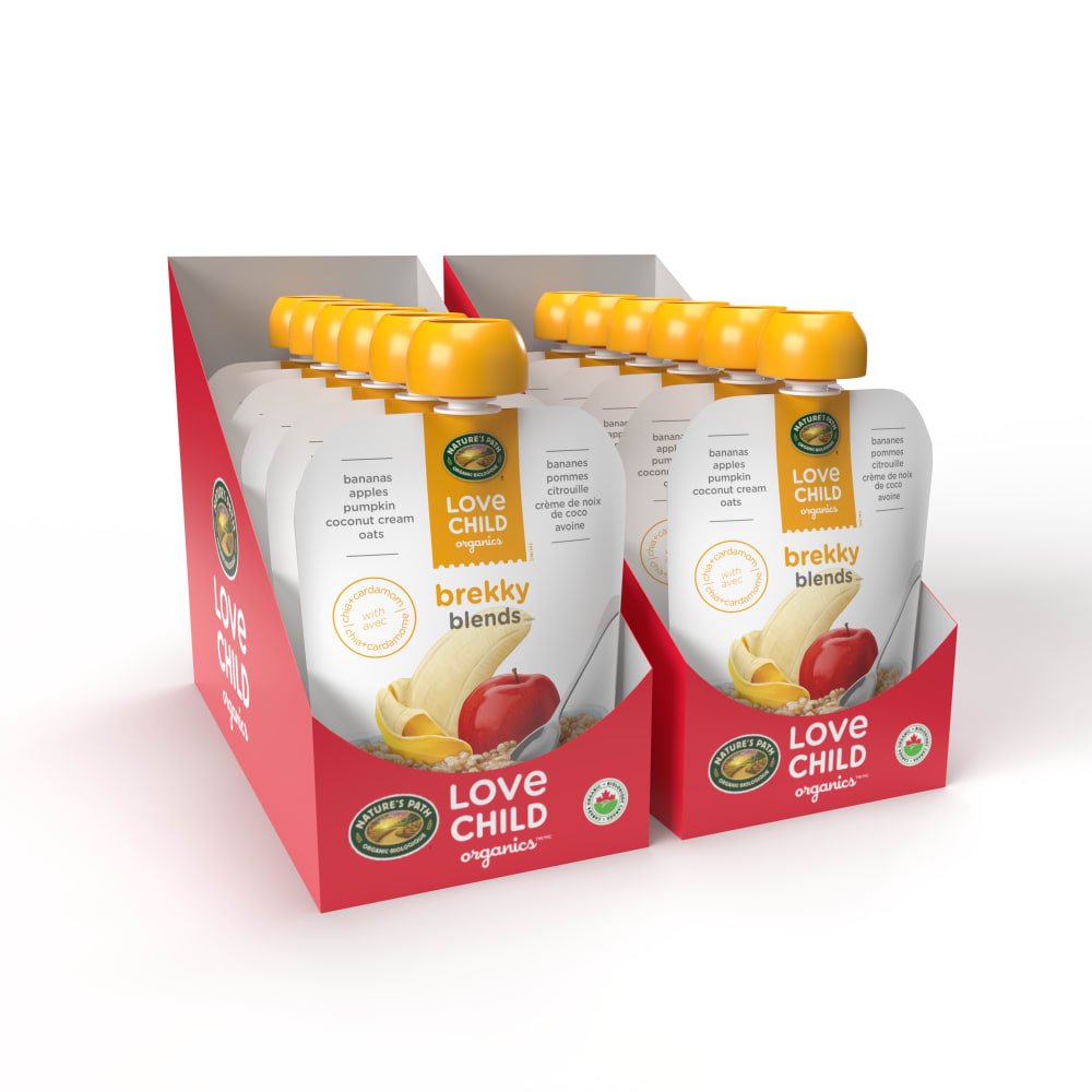 Pack of 12, Love Child Organics Brekky Blends Bananas, Apples, Pumpkin + Cardamom Puree 128ml Pouch