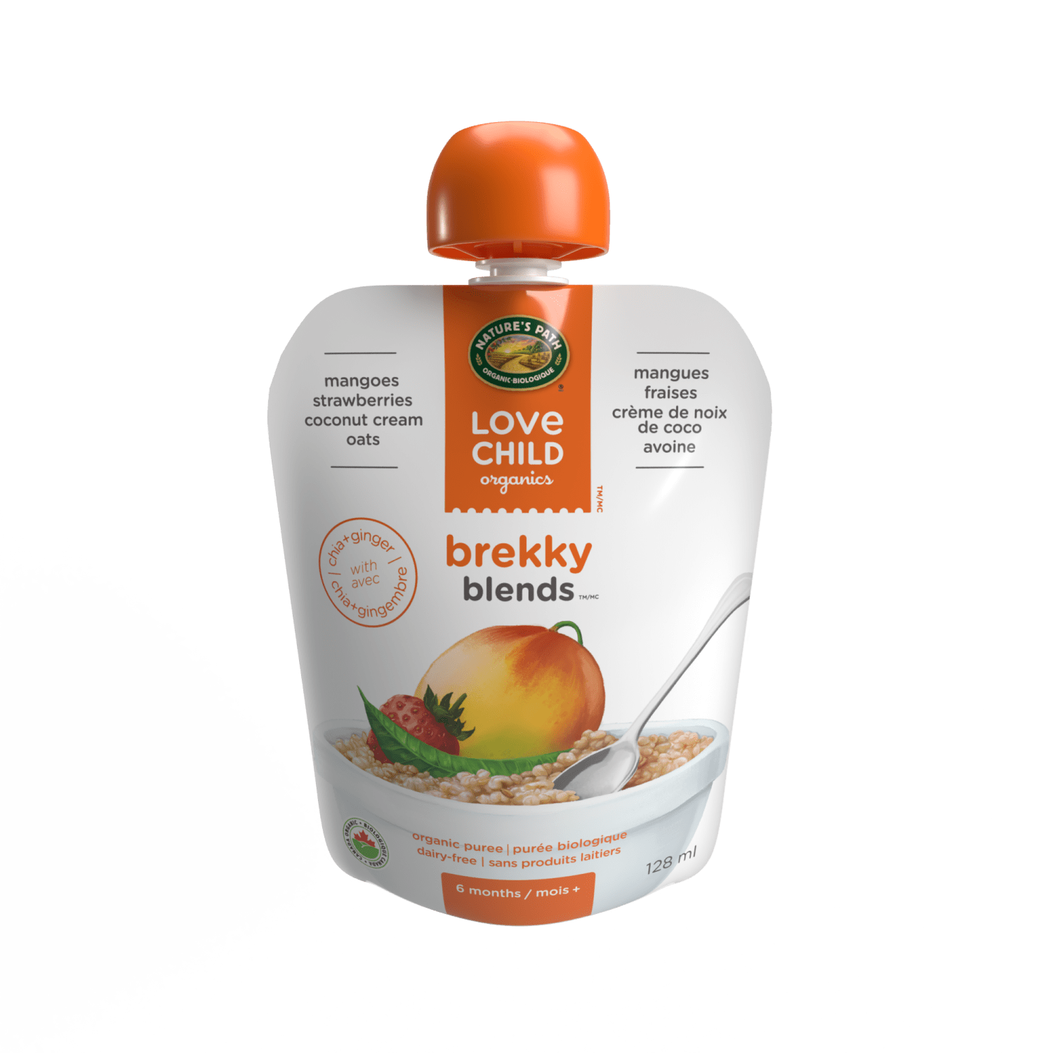 Brekky Blends Mangoes, Strawberries + Ginger Puree, 128 ml Pouch