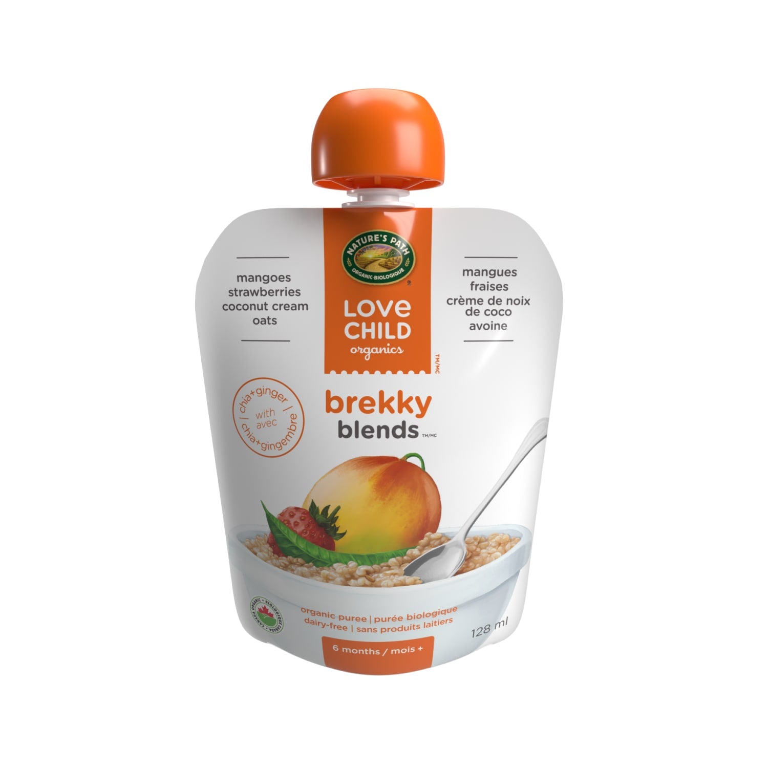 Love Child Organics Brekky Blends Mangoes, Strawberries + Ginger Puree 128ml Pouch