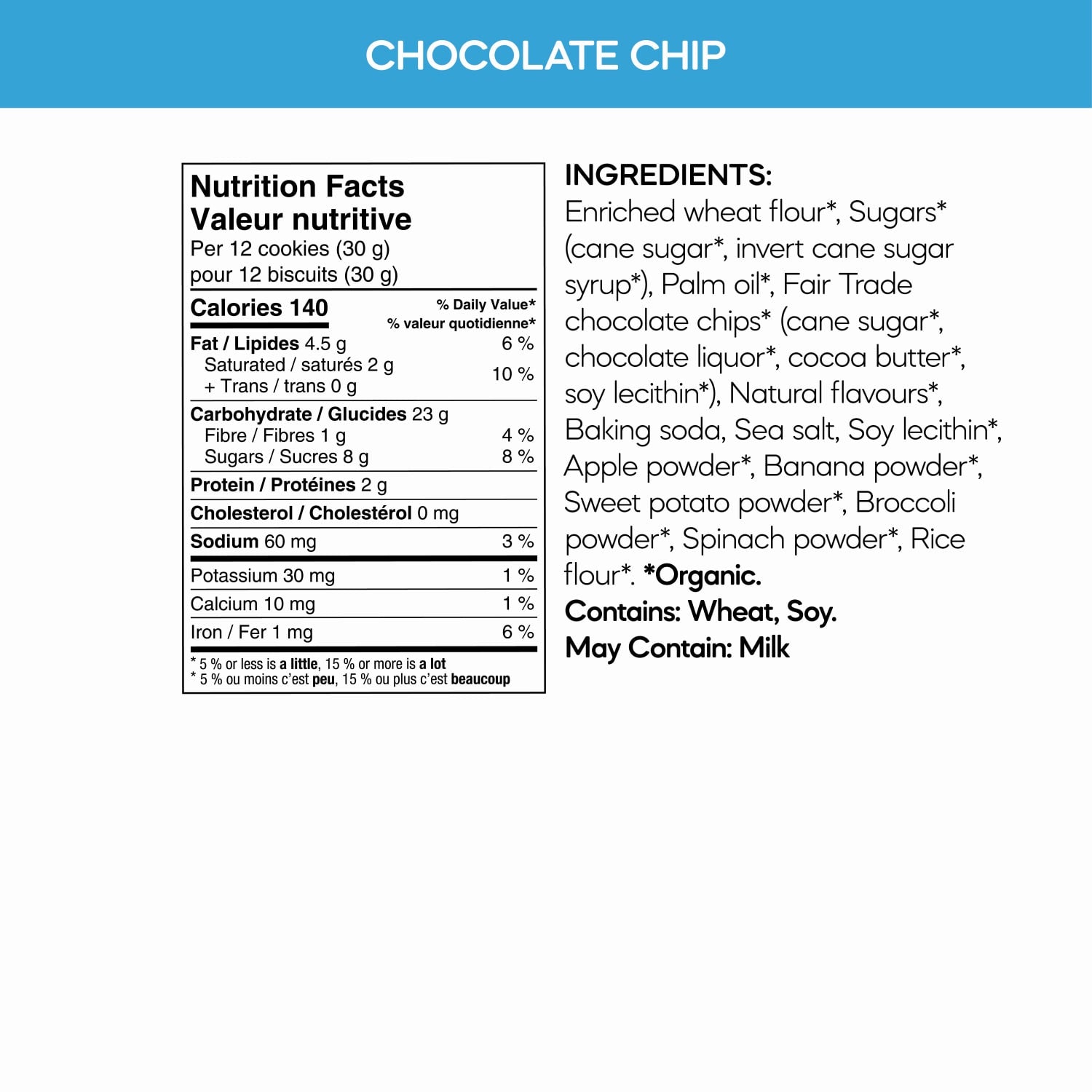 Nutrition facts per serving and ingredient statement for Sea Friends Chocolate Chip Cookies