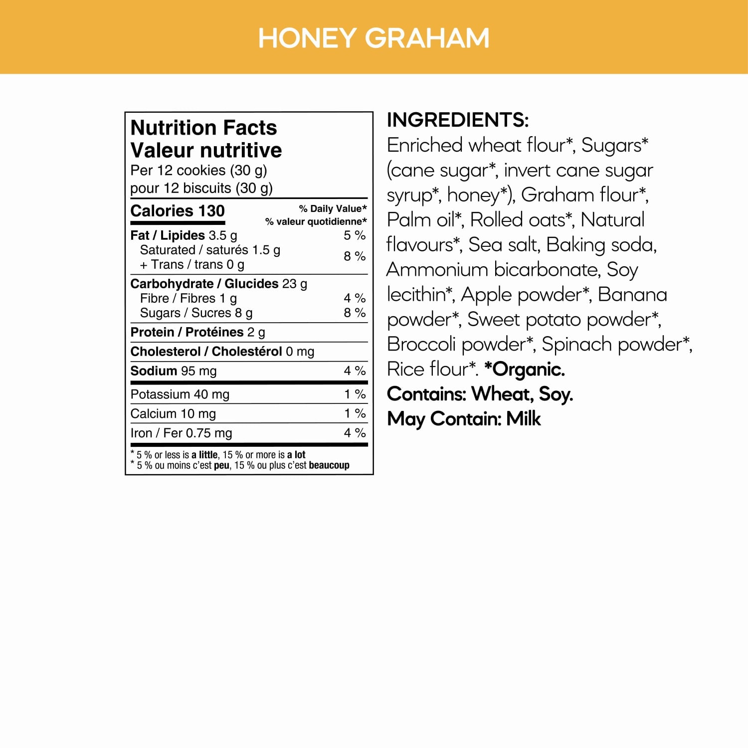 Nutrition facts per serving and ingredient statement for Sea Friends Honey Graham Cookies