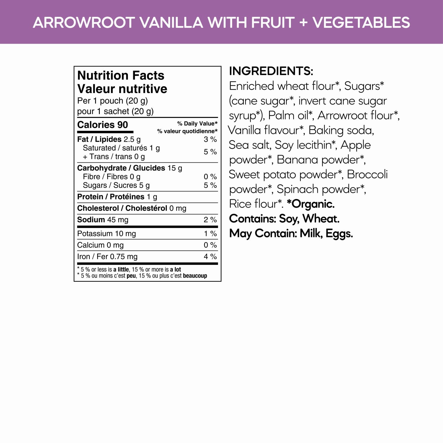 Nutrition facts per serving and ingredient statement for Sea Friends Arrowroot Vanilla Cookies