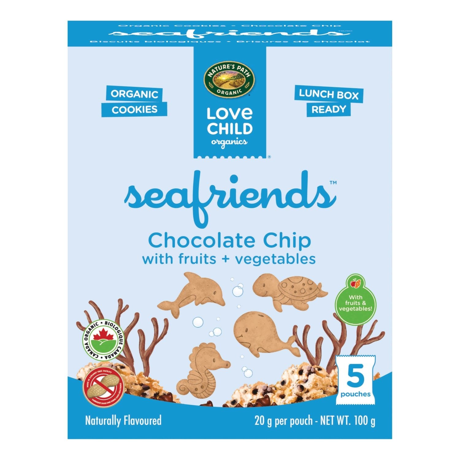 Love Child Organics Sea Friends Chocolate Chip 5ct Snack Pack Cookies 100g Box