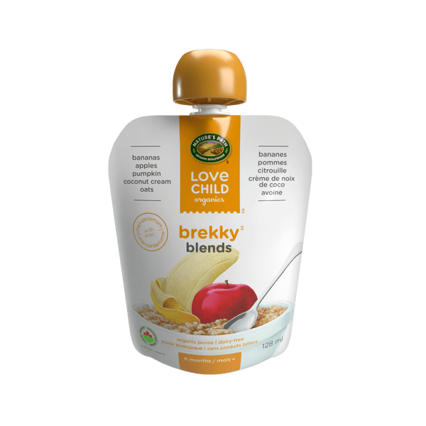 Brekky mélange les bananes, les pommes, la citrouille + la purée de cardamome, une pochette de 128 ml