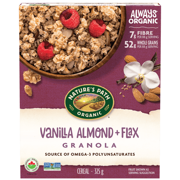 Amande vanille + granola de lin, 325 g Boîte