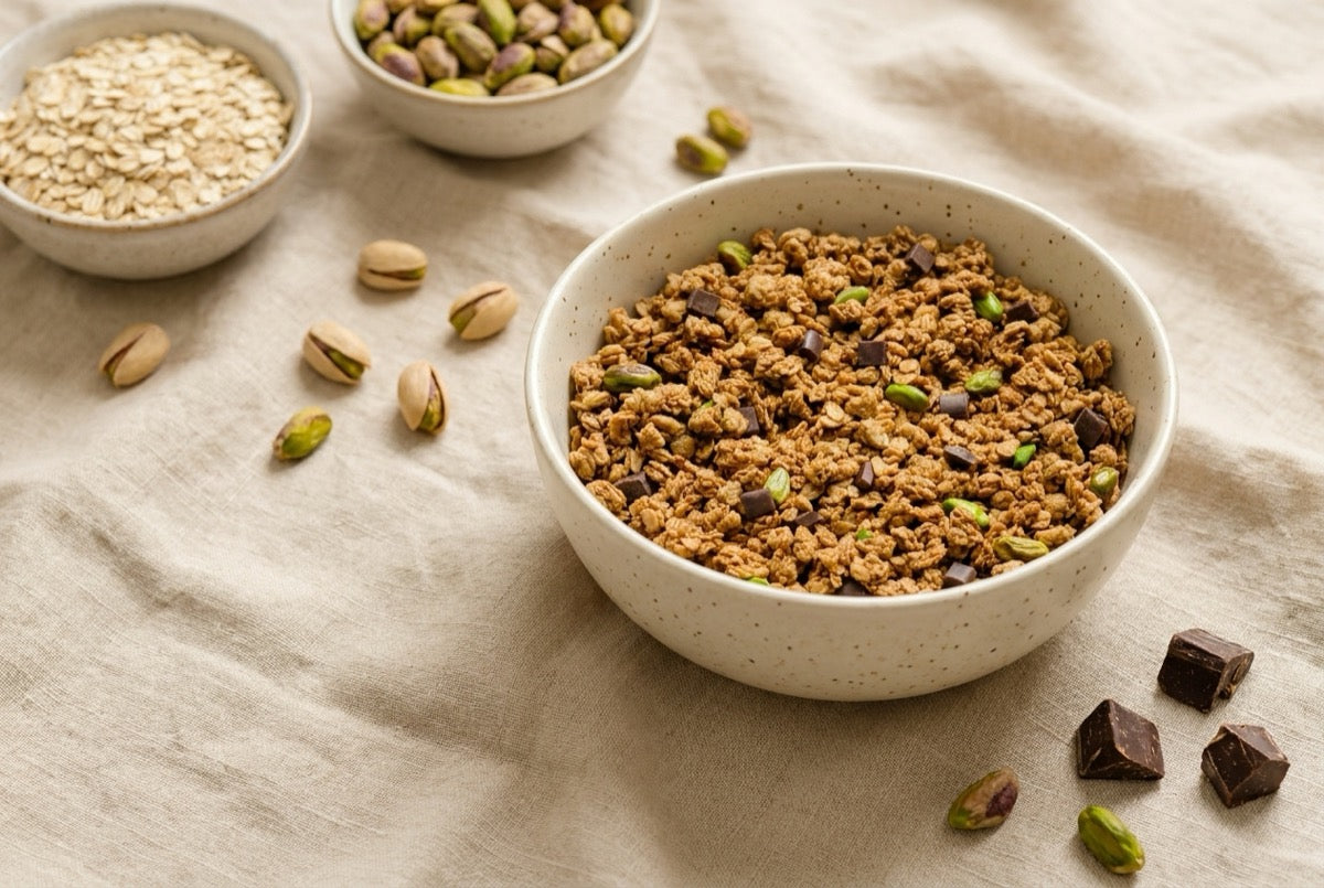 Bowl of Love Crunch Dubai Style Chocolate granola on linen